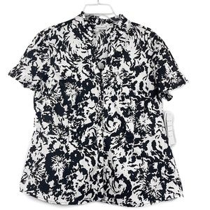 Black and White Cotton Stretch Short Sleeve Blouse